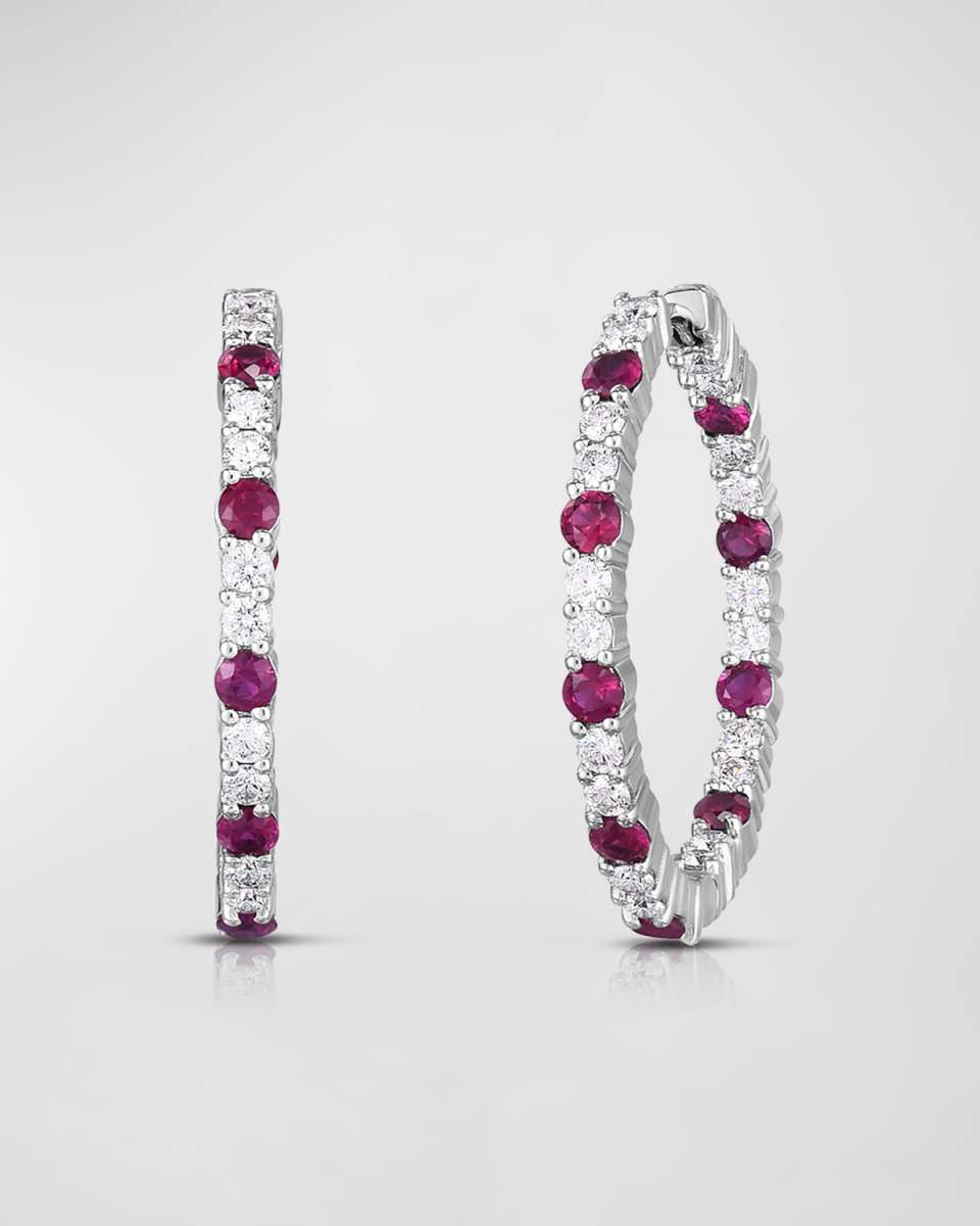 18K White Gold Ruby and Diamond Hoop Earrings, 35mm